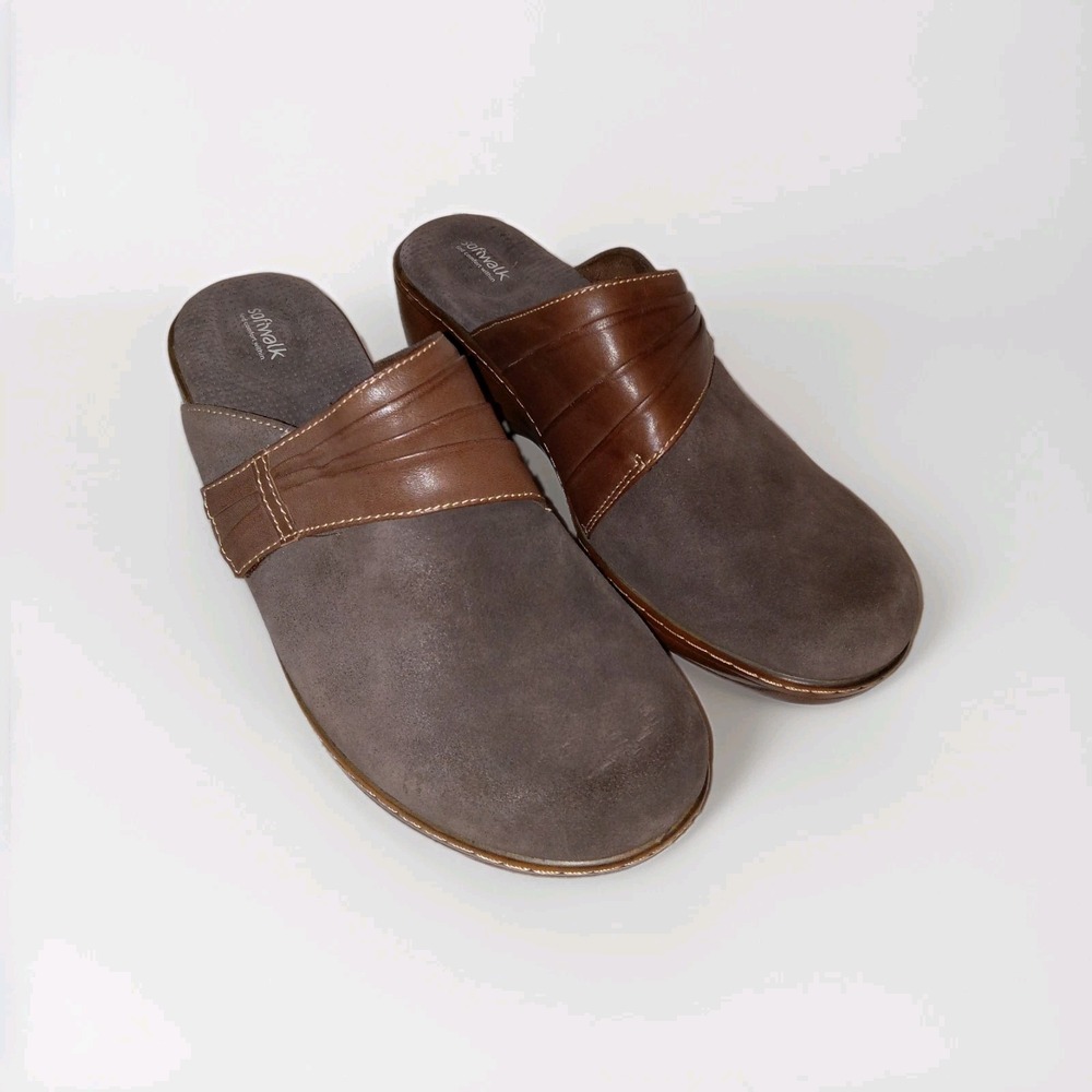 SoftWalk Wedge Clogs Women 10 1/2M Brown Leather Suede Pleated Mules S1365-214